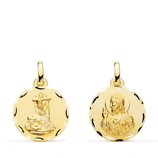 [PP3064-316] 18K MEDALLA ESCAPULARIO VIRGEN DE LAS ANGUSTIAS Y CORAZON DE JESUS TALLADA 16 MM