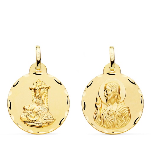 [PP3064-320] 18K MEDALLA ESCAPULARIO VIRGEN DE LAS ANGUSTIAS Y CORAZON DE JESUS TALLADA 20 MM