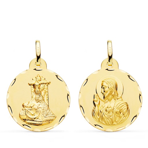 [PP3064-322] 18K MEDALLA ESCAPULARIO VIRGEN DE LAS ANGUSTIAS Y CORAZON DE JESUS TALLADA 22 MM