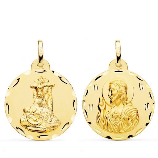 [PP3064-324] 18K MEDALLA ESCAPULARIO VIRGEN DE LAS ANGUSTIAS Y CORAZON DE JESUS TALLADA 24 MM