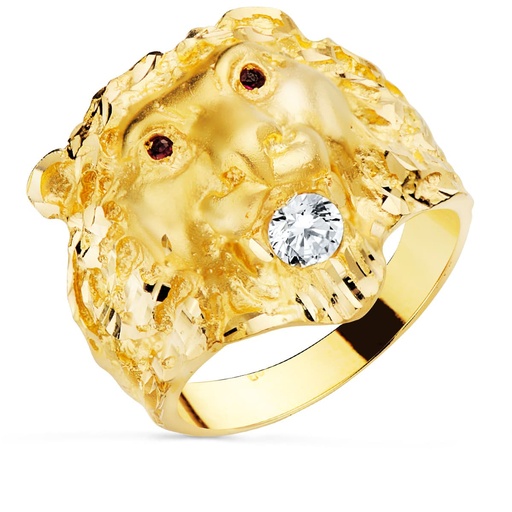 [PP4001] 18K SELLO ORO AMARILLO CABEZA DE LEON CON CIRCONITA Y OJOS RUBI ANCHO 23 MM