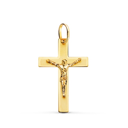 [PP4309] 18K CRUZ ORO AMARILLO CON CRISTO LASER PLANA 26X17 MM