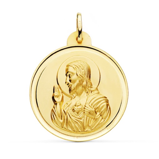 [PP5001-130] 18K MEDALLA CRISTO SAGRADO CORAZON DE JESUS BISEL 30 MM