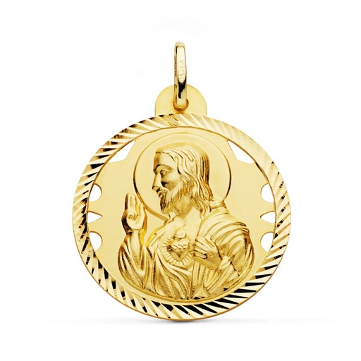 [PP5001-428] 18K MEDALLA CRISTO SAGRADO CORAZON DE JESUS CALADO CERCO HELICE TALLADO 28 MM