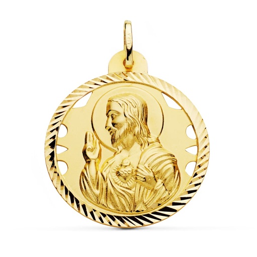 [PP5001-430] 18K MEDALLA CRISTO SAGRADO CORAZON DE JESUS CALADO CERCO HELICE TALLADO 30 MM