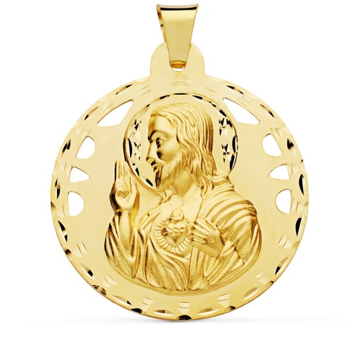 [PP5001-442] 18K MEDALLA CRISTO SAGRADO CORAZON DE JESUS CALADO Y TALLADO 42 MM