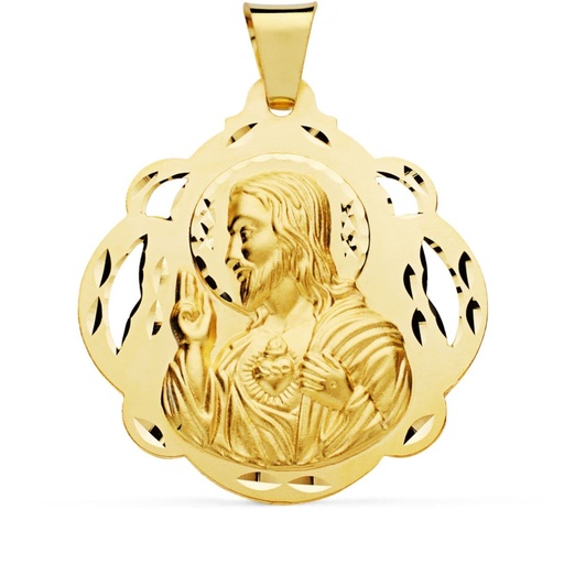 [PP5001-642] 18K MEDALLA CRISTO  SAGRADO CORAZON DE JESUS PANDERETA CALADA 42 MM