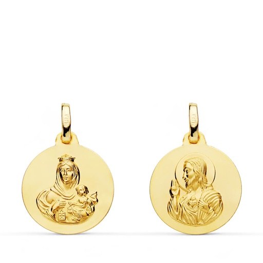 [PP5003-016] 18K ESCAPULARIO LISO VIRGEN DEL CARMEN CORAZON DE JESUS 16 MM