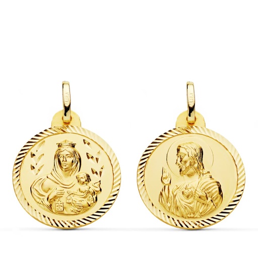 [PP5003-220] 18K ESCAPULARIO HELICE VIRGEN CARMEN Y CORAZON DE JESUS 20 MM