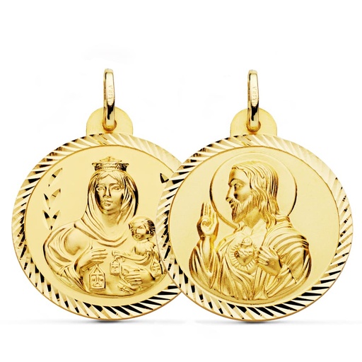 [PP5003-228] 18K ESCAPULARIO HELICE VIRGEN CARMEN Y CORAZON DE JESUS 28 MM