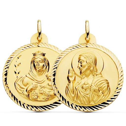[PP5003-230] 18K ESCAPULARIO HELICE VIRGEN CARMEN Y CORAZON DE JESUS 30 MM
