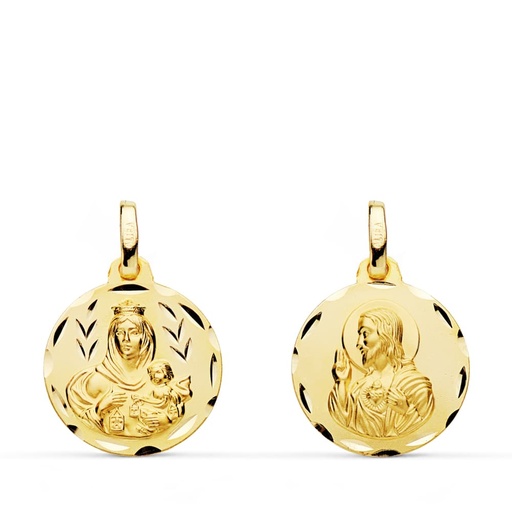 [PP5003-316] 18K ESCAPULARIO TALLADO VIRGEN DEL CARMEN CORAZON DE JESUS 16 MM
