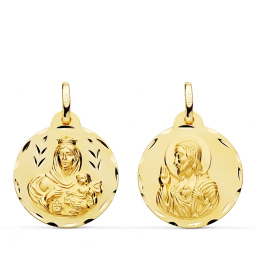 [PP5003-320] 18K ESCAPULARIO TALLADO VIRGEN DEL CARMEN CORAZON DE JESUS 20 MM