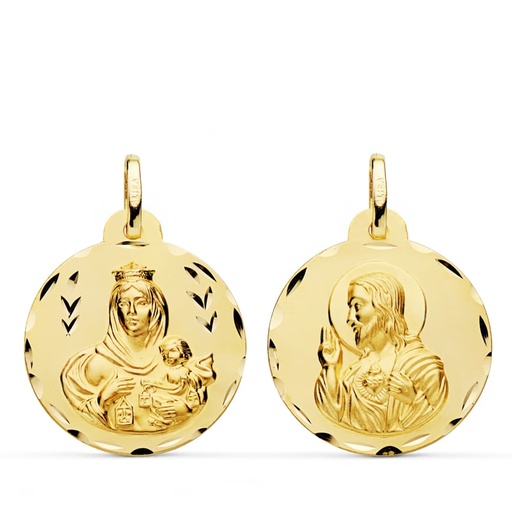 [PP5003-322] 18K ESCAPULARIO TALLADO VIRGEN DEL CARMEN Y CORAZON DE JESUS 22 MM
