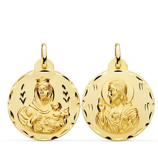 [PP5003-324] 18K ESCAPULARIO TALLADO VIRGEN DEL CARMEN Y CORAZON DE JESUS 24 MM