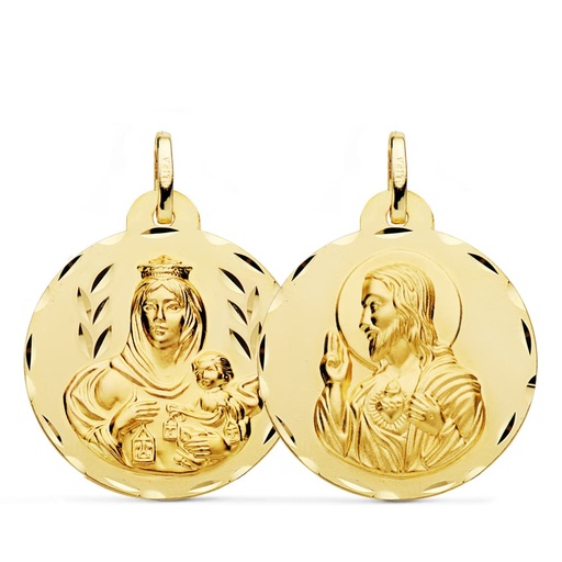 [PP5003-326] 18K ESCAPULARIO TALLADO VIRGEN DEL CARMEN Y CORAZON DE JESUS 26 MM