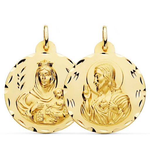[PP5003-330] 18K ESCAPULARIO TALLADO VIRGEN DEL CARMEN CORAZON DE JESUS 30 MM