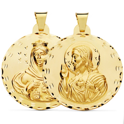 [PP5003-342] 18K ESCAPULARIO TALLADO VIRGEN DEL CARMEN Y CORAZON DE JESUS 42 MM