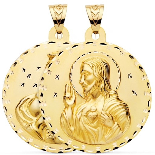 [PP5003-355] 18K MEDALLA ESCAPULARIO TALLADO VIRGEN DEL CARMEN Y CORAZON DE JESUS 55 MM