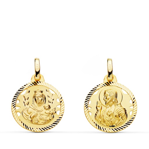 [PP5003-416] 18K ESCAPULARIO HELICE CALADO VIRGEN CARMEN Y CORAZON DE JESUS 16 MM