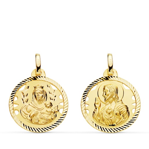 [PP5003-418] 18K ESCAPULARIO HELICE CALADO VIRGEN CARMEN Y CORAZON DE JESUS 18 MM