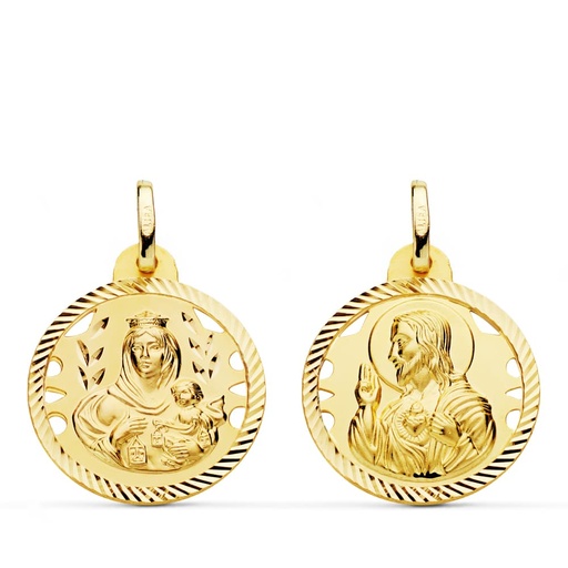 [PP5003-420] 18K ESCAPULARIO HELICE CALADO VIRGEN CARMEN Y CORAZON DE JESUS 20 MM