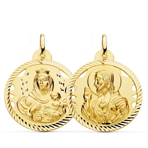 [PP5003-426] 18K ESCAPULARIO HELICE CALADO VIRGEN CARMEN Y CORAZON DE JESUS 26 MM