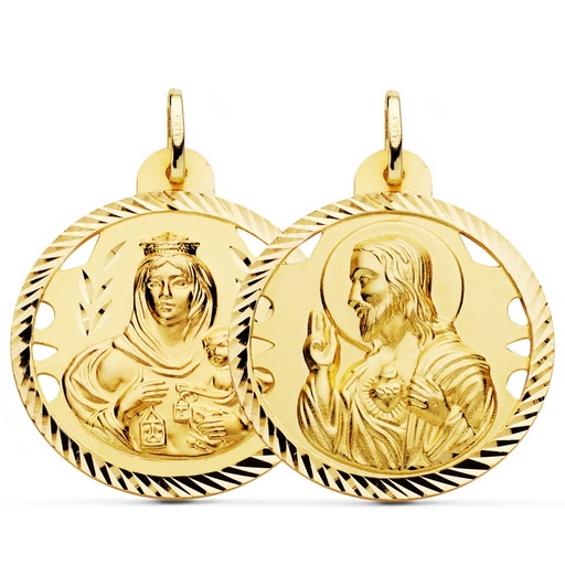 [PP5003-430] 18K ESCAPULARIO HELICE CALADO VIRGEN CARMEN Y CORAZON DE JESUS 30 MM