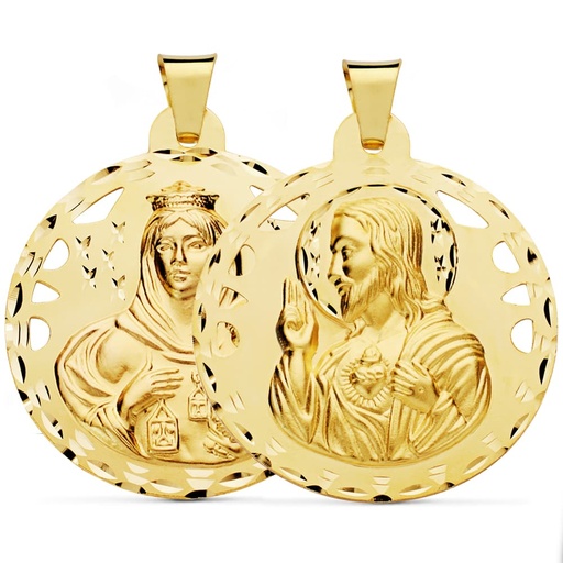 [PP5003-442] 18K ESCAPULARIO CALADO TALLADO VIRGEN CARMEN Y CORAZON DE JESUS 42 MM
