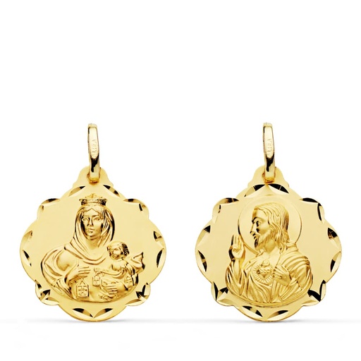 [PP5003-520] 18K ESCAPULARIO VIRGEN DEL CARMEN Y CORAZON DE JESUS 20 MM