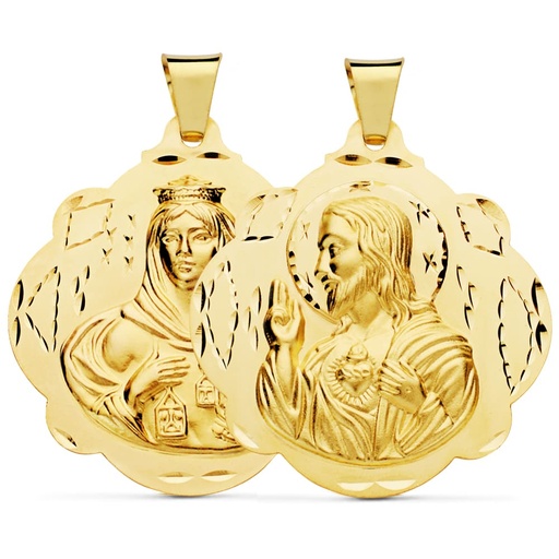 [PP5003-542] 18K ESCAPULARIO PANDERETA VIRGEN DEL CARMEN Y CORAZON DE JESUS 42 MM
