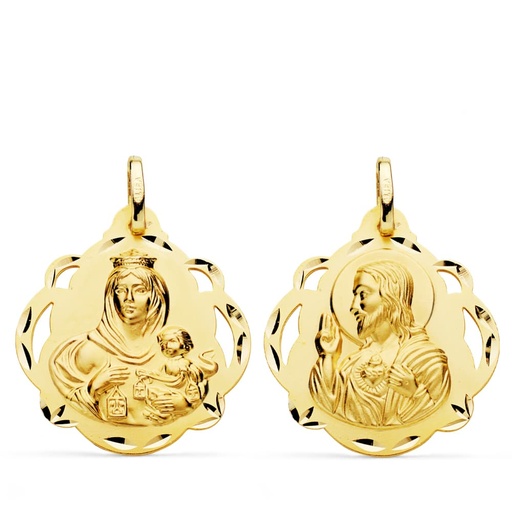[PP5003-624] 18K ESCAPULARIO VIRGEN DEL CARMEN Y CORAZON DE JESUS PANDERETA CALADA 24 MM