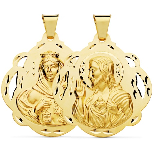 [PP5003-642] 18K ESCAPULARIO VIRGEN DEL CARMEN+CORAZON DE JESUS PANDERETA CALADA 42 MM
