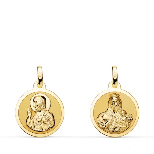 [PP5003-814] 18K ESCAPULARIO BRILLO VIRGEN DEL CARMEN Y CORAZON DE JESUS 14 MM
