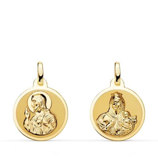 [PP5003-816] 18K ESCAPULARIO BRILLO VIRGEN DEL CARMEN Y CORAZON DE JESUS 16 MM