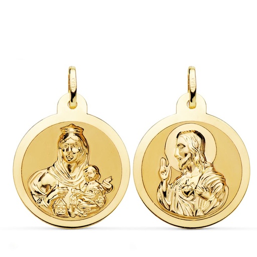 [PP5003-824] 18K ESCAPULARIO BRILLO VIRGEN DEL CARMEN CORAZON JESUS 24 MM