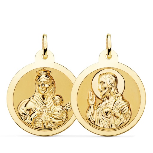 [PP5003-826] 18K ESCAPULARIO BRILLO VIRGEN DEL CARMEN Y CORAZON DE JESUS 26 MM