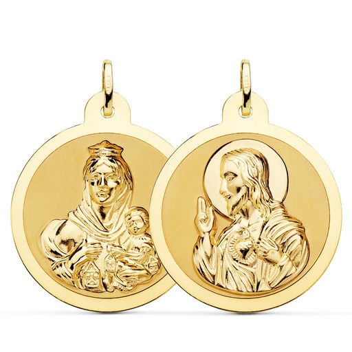 [PP5003-830] 18K ESCAPULARIO BRILLO VIRGEN DEL CARMEN Y CORAZON DE JESUS 30 MM