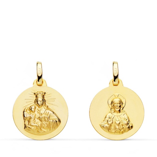 [PP5006-016] 18K ESCAPULARIO VIRGEN DEL CARMEN Y CORAZON DE JESUS LISO 16 MM