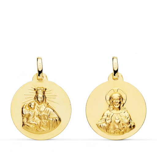 [PP5006-018] 18K ESCAPULARIO VIRGEN DEL CARMEN Y CORAZON DE JESUS LISO 18 MM