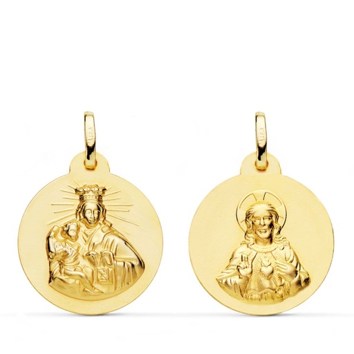 [PP5006-020] 18K ESCAPULARIO VIRGEN DEL CARMEN Y CORAZON DE JESUS LISO 20 MM