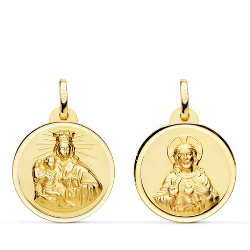 [PP5006-122] 18K ESCAPULARIO VIRGEN DEL CARMEN CORAZON JESUS BISEL 22 MM