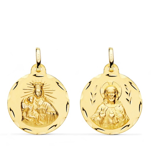 [PP5006-320] 18K ESCAPULARIO CORAZON DE JESUS Y VIRGEN DEL CARMEN TALLADO 20 MM