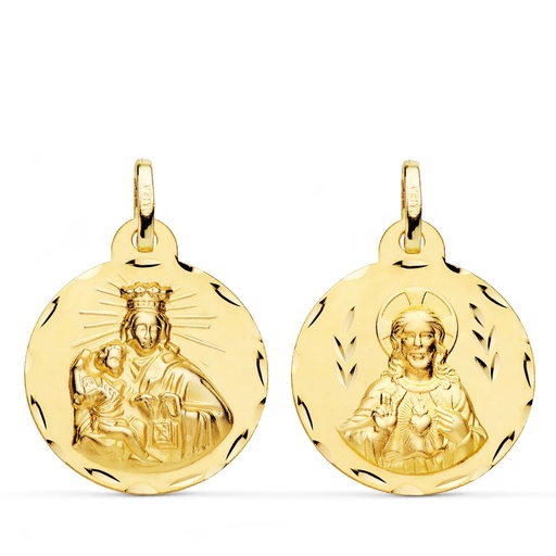 [PP5006-322] 18K ESCAPULARIO CORAZON DE JESUS Y VIRGEN DEL CARMEN TALLADO 22 MM