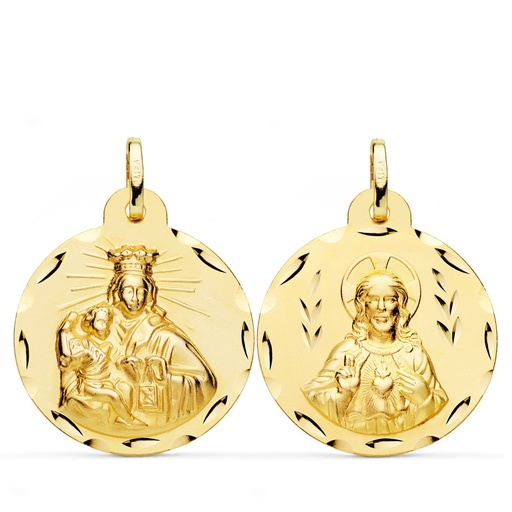 [PP5006-324] 18K ESCAPULARIO CORAZON DE JESUS Y VIRGEN DEL CARMEN TALLADO 24 MM