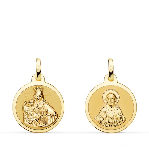 [PP5006-816] 18K ESCAPULARIO VIRGEN DEL CARMEN Y CORAZON DE JESUS EN BRILLO 16 MM