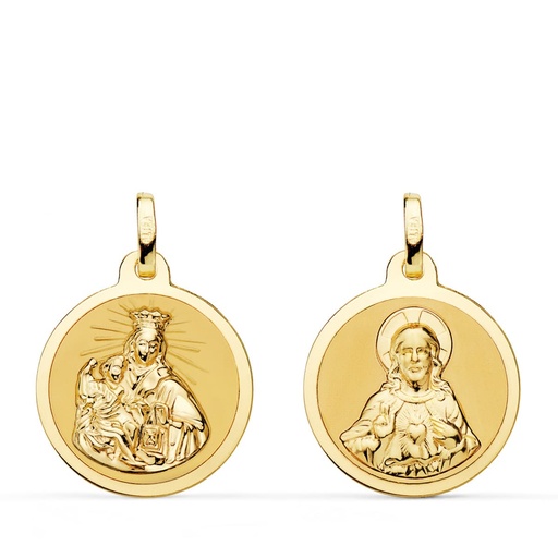 [PP5006-818] 18K ESCAPULARIO VIRGEN DEL CARMEN Y CORAZON DE JESUS EN BRILLO 18 MM