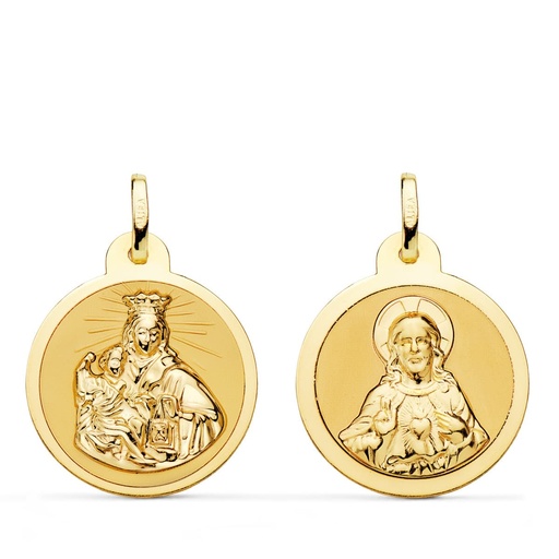[PP5006-820] 18K ESCAPULARIO VIRGEN DEL CARMEN Y CORAZON DE JESUS EN BRILLO 20 MM
