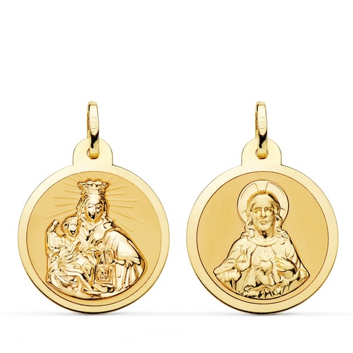 [PP5006-822] 18K ESCAPULARIO VIRGEN DEL CARMEN Y CORAZON DE JESUS EN BRILLO 22 MM