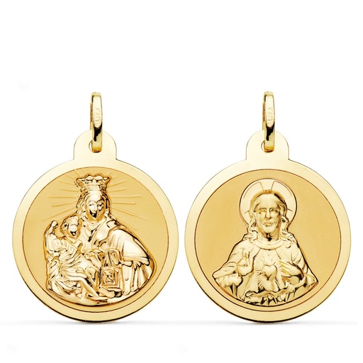 [PP5006-824] 18K ESCAPULARIO VIRGEN DEL CARMEN Y CORAZON DE JESUS EN BRILLO 24 MM